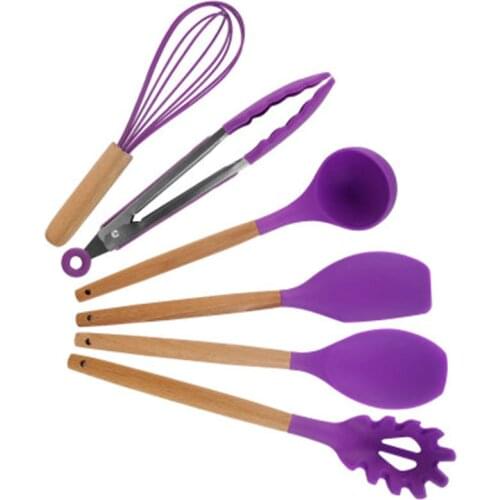 Nonstick Silicone Kitchen Cooking Utensils Kitchenware Heat Resistant Bamboo Spatula Tong Baking Cooking Utensils Kitchen Tool