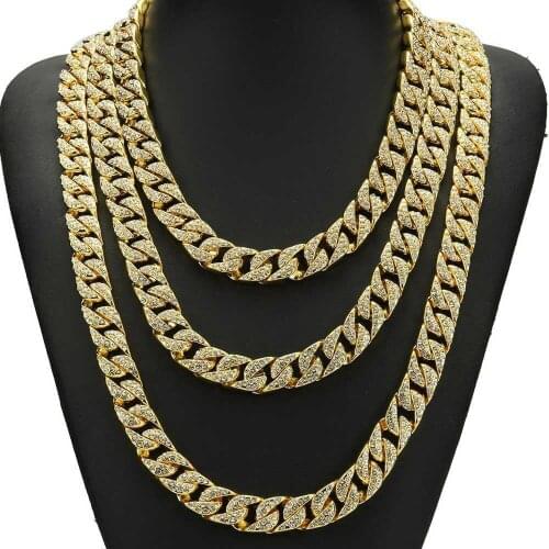 Hip Hop Full Rhinestones Iced Out Cuban Miami link Chain Necklace Men Gold Color Bling Rapper Necklaces Male Hiphop Jewelry