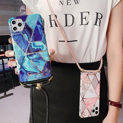 Geometric Marble Crossbody Strap Phone Case for iPhone 12 mini 11 Pro Max X XR XS Max 7 8 Plus Cord Necklace Lanyard Rope Cases