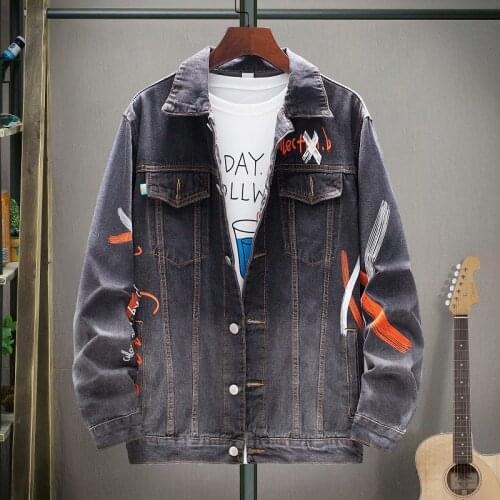 Couple Style Graffiti Letter Printed Denim Jacket Tide Brand Men and Women Korean Street Hip-hop Loose Wild Mens Jean Coat