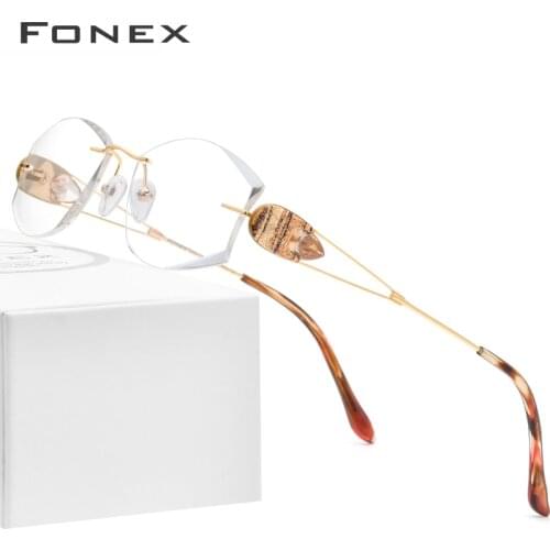 FONEX Wire Titanium Rimless Glasses Women Ultralight Luxury Diamond Trim Prescription Optical Eyeglasses Frame Eyewear 8511