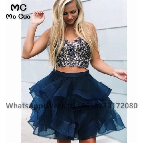 Ball Two Pieces Gown Homecoming dress Short Tiered Crystals Beaded Organza Cocktail party dress short homecoming dress