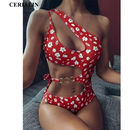 Floral-Print One Shoulder Swimsuit Sexy Women Swimwear Hollow Swimming Suit Female Beachwear Hot Sale High Quality Bathing Suits