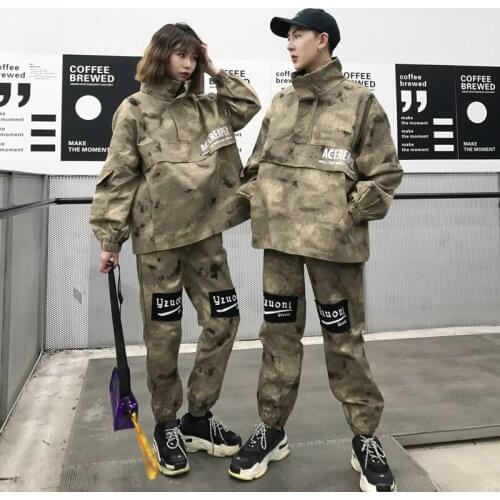 Fashion Mens Camouflage Coat Long Trousers 2 Pieces Set Stand Collar Top Hip-hop Pants Outwear Army Green S1