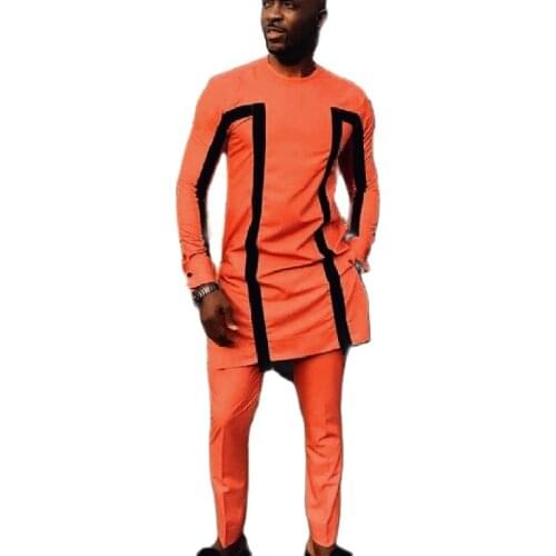 Long Sleeve Man Patchwork Shirts Match Pants African Fashion Orange Tops+Trousers Custom Made Mens Outfits African Pant Set