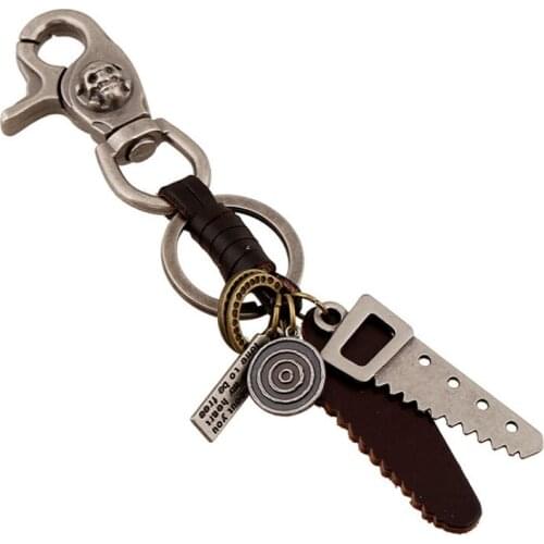 Punk Rock Men Metal Car Keychains Vintage Skull Saw Pendant Genuine Leather Holder Bag Accessories Keyring Fashion Jewelry Gift