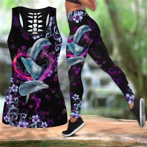 All Over Printed Dolphin Outfit Leggings and Hollow out Tank Top Suit Sexy Yoga Fitness Soft Legging Summer Women For Girl
