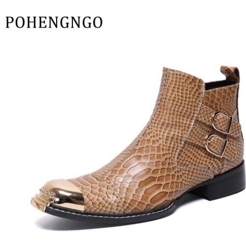 2021 New Chelsea Men Real Leather Ankle Boots High End Snakeskin Square Toe Party Dress Boots Winter Zipper Man Cowboy Boots