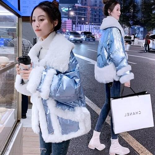 New Shiny Down Jacket Women Winter Short Coat Thick Loose 90 White Duck Down Female Student Lamb Fur Coats Casual Parka Overcoat