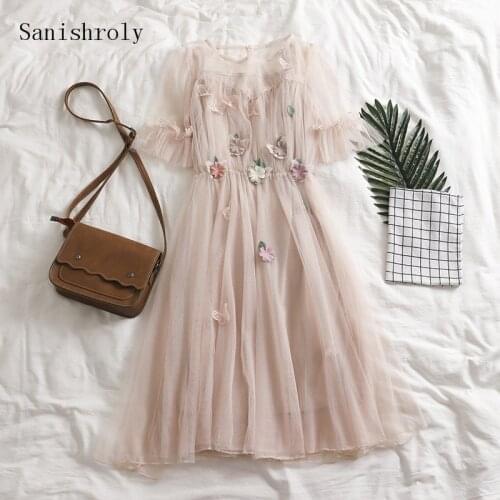 Sanishroly Two Pieces Summer Ladies Long Pleated Dresses Women Floral Lace Dress Female Short Sleeve Mesh Dress Vestidos SE865
