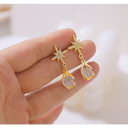 Simple six pointed star cats eye Earrings short cats Eye Stone Earrings 925 silver needle small Star Earrings super fairy face