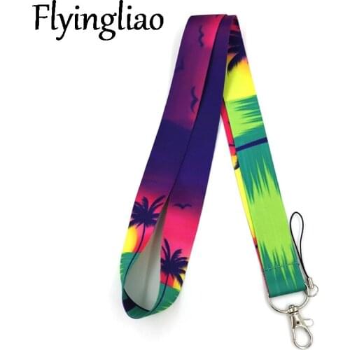 Romantic Beach Setting Sun Coconut Tree Funny art Lanyard Neck Key Strap for Phone Keys ID Card Cartoon webbings ribbons Gifts