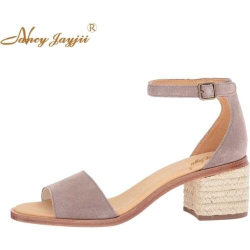 Gray Khaki Womens Sandals Female for Summer Espadrilles Mid Block Heels Ankle Buckle Strap Ladies Shoes Leisure Vacation 2021