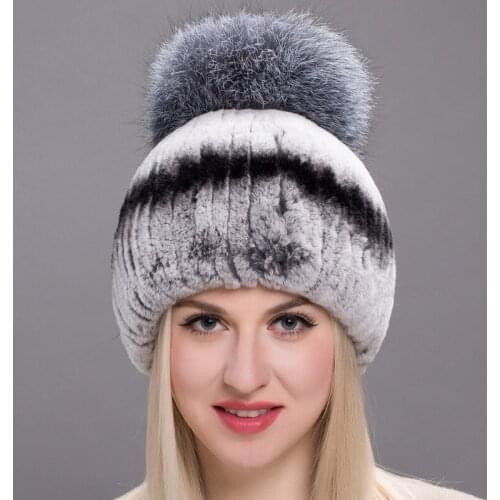 New Natural Rabbit Fur Woven Hat Fox Fur Ball Cap Female Rabbit Fur Woven Warm Ear Protection Cap Female Fashion Headwear Gift