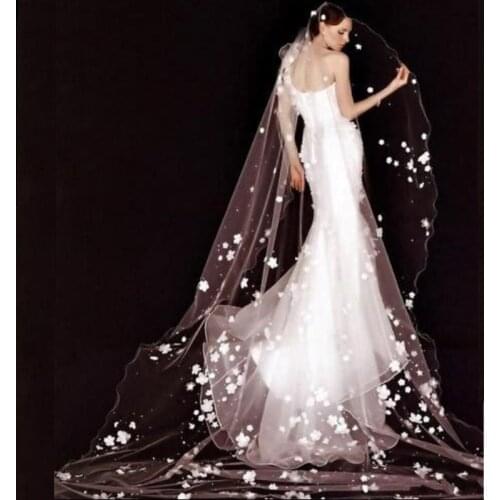 Wedding Veil White Floor Length Long Train Tailing Lace Edge White Flower Pearls Wedding Hair Accessories for Bridal Headwear