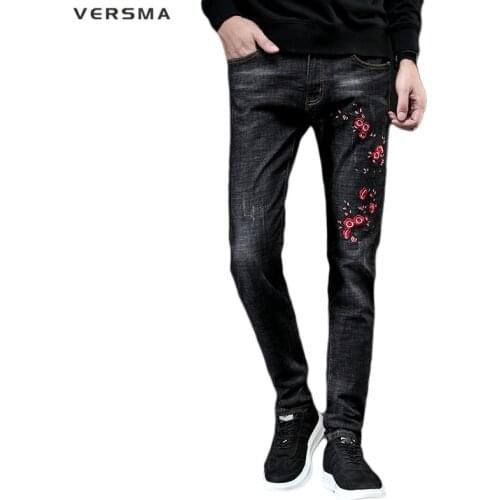 VERSMA 2018 Korean Harajuku Vintage Flower Embroidery Denim Jeans Trousers Slim Fit Business Casual Black Jean Pencil Pants Men