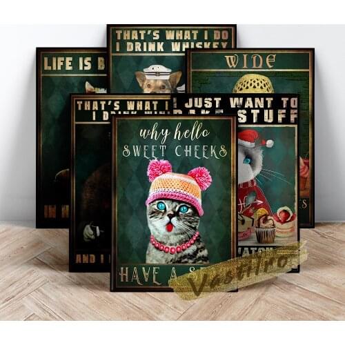 Amusing Kitty Cartoon Art Prints Retro Poster Comical Cool Cat Dog Vintage Art Canvas Painting Wall Stickers Modern Home Decor