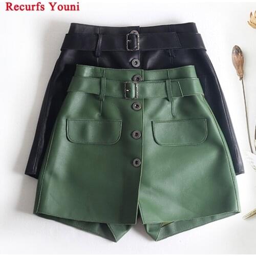 Lady Genuine Leather Trousers Women Korean Elastic Waist Green Loose Shorts Skirt Femme Vintage Button Belt Culottes Sexy Hakama