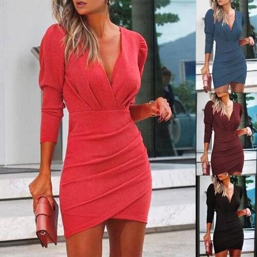 2021 Spring/Autumn Solid Color V-neck Dresses for Women Long-sleeved Woman Dress Female Fashion Slim Party Sexy Mini Dress
