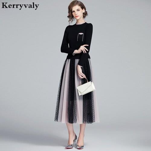 New Stitched Knitted Black Midi Women Dress Vestidos Invierno 2021 Mujer Long Sleeve Office Party Dress Roupas Femininas K6582