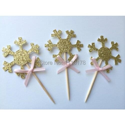 Gold Glitter Snowflake Cupcake Toppers with Pink Bow. Winter Wonderland Party. Cupcake Decor. Birthday wedding party cake topper