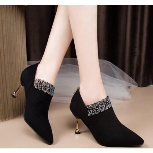 2020 Autumn Woman Bare Boots Black Bling Ankle Boots For Women Pointed Toe Dress Shoes High Heels Booties botas mujer 8310N
