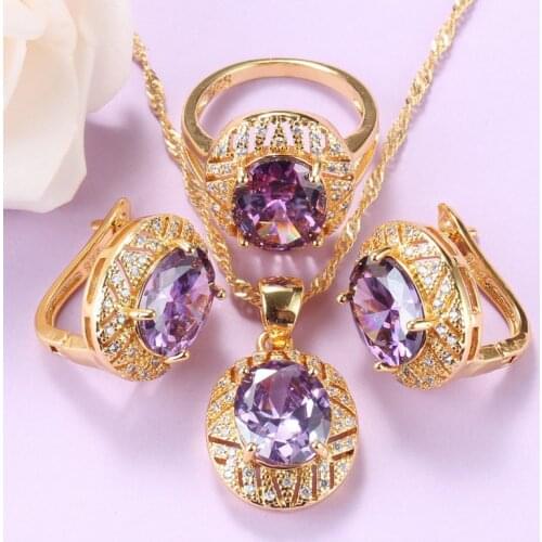 African Bridal Yellow Gold Color Big Jewelry Set For Women Purple Crystal Clip Earrings And Necklace Luxurious Dubai Jewelry