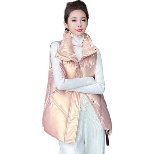 Shiny Autumn Winter Puffer Vest Women Solid Casual Ladies Sleeveless Jacket Zipper Stand Collar Waistcoat for Female