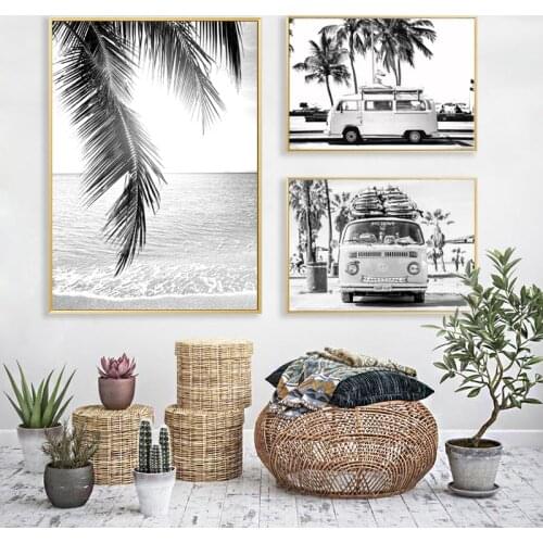 Surfing Board Camper Bus Canvas Print Black White Photo Poster Beach Landscape Painting Pictures for Living Room Wall Art Decor