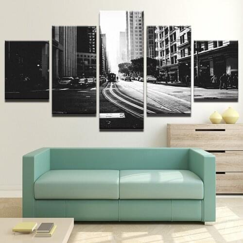 Canvas Posters Home Decor Wall Art 5 Pieces Black And White City Streetscape Pictures HD Prints Tram Track Paintings Framework