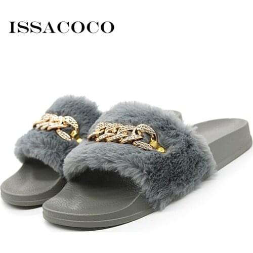 ISSACOCO Womens Solid Flat Non-slip Faux Fur Chain Slippers Womens Winter Plush Furry Slides Indoor Fashion Slippers pantufa