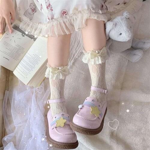 Kawaii Lolita Japanese Round Head Student Loli Shoes Big Head Cute Girl Women Mid Heel Cosplay Goth Anime Japanese Star Buckle