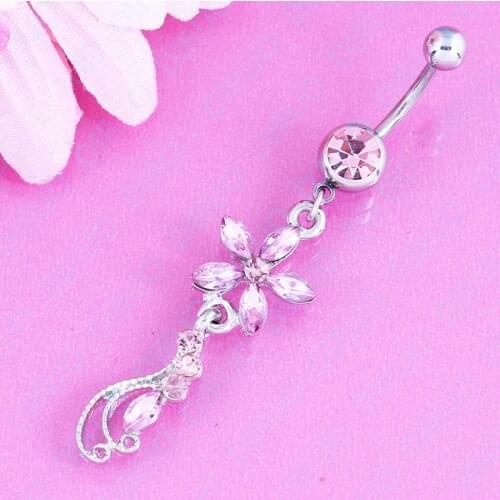 Pink Flower Crystal Belly Ring Body Piercing Fashion Jewelry navel ring 14G 316L Surgical Steel Nickel-free