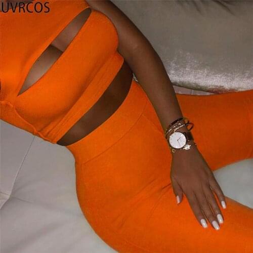 UVRCOS Two Piece Set Women Summer New Arrival Solid Color One Shoulder Hollow Out Crop Tops Mujer+Elastic Leggings Fitness Suits