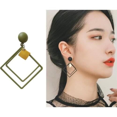 Korean Simple Trendy Coffee Green Geometric Big Sqaure Rhombus Earrings For Women Fashion Large Hollow Drop Earrings Jewelry