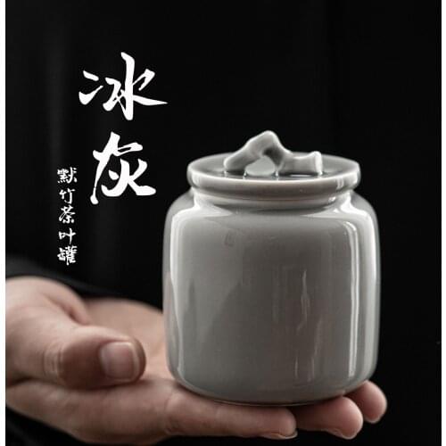 Ice gray glaze ink bamboo tea caddy Japanese style small ceramic airtight cans portable travel mini teaset canister