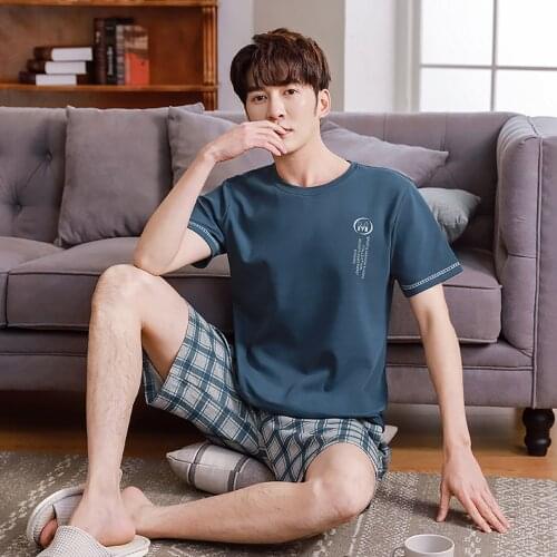 Summer 100% Cotton Pijama Men Loose Plus Size Pajama Fashion Letter Print Man Sleepwear+Plaid Shorts Soft Breathable Pajama Sets