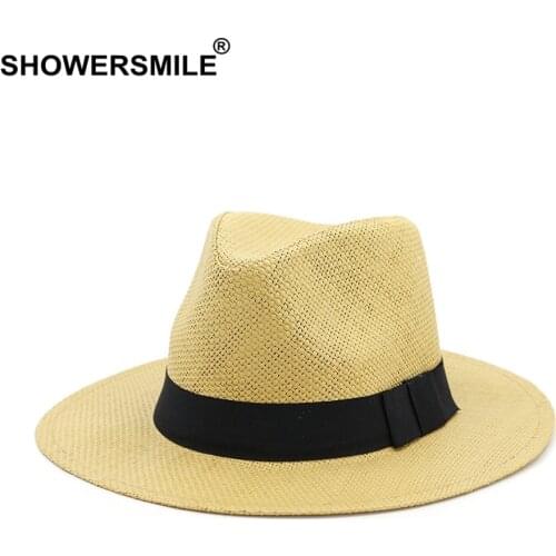 SHOWERSMILE Summer Straw Hat Men Khaki Beach Hats Sun Protection Cap Wide Brim Solid Panama Hat Casual Jazz Hat Navy Black