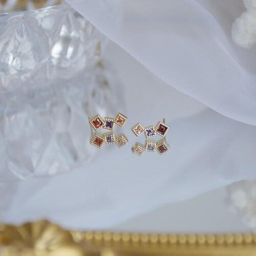 Delicate 14K Real Gold Cute Sweet Square Stud Earrings for Women Cubic Zircon CZ Small Earrings