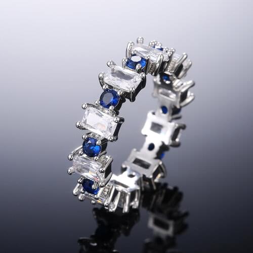 2021 New Trendy Blue Color Princess Round 925 Sterling Silver Eternity Band Ring For Girl Party Gift Jewelry Wholesale R5991