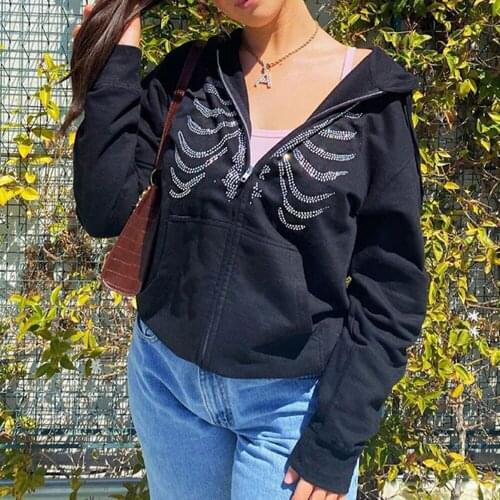 2021 Fall Winter Womens New Hoodie Fashion Dark Street Punk Style Hot Rhinestone Skeleton Printed Straight Long Sleeve Top