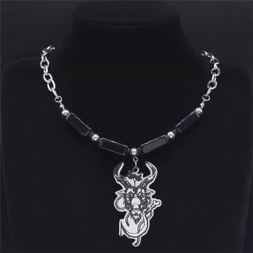 Satan Sheepshead Sickle Stainless Steel Black Natural Stone Pendants Necklaces Silver Color Necklace Women Jewelry N4065S03