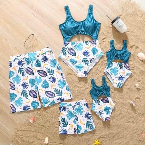 Family Matching Swimwear Summer Beach Hollow Blue Bow Print Mom And Daughter Swimsuits Dad Son Swimwear Beach Shorts