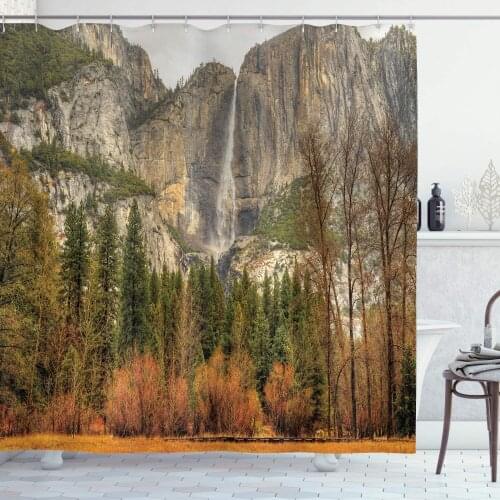 Yosemite Shower Curtain Yosemite Falls Trees Mountain Cliff Autumn National Park California Nature Print Bathroom Decor Set