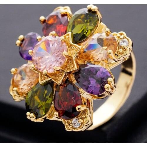 Yunkingdom Blossom Delightful Flower Jewelry Y Gold Color Flower Big zircon crystal Big Rings For Girls Gift boxes