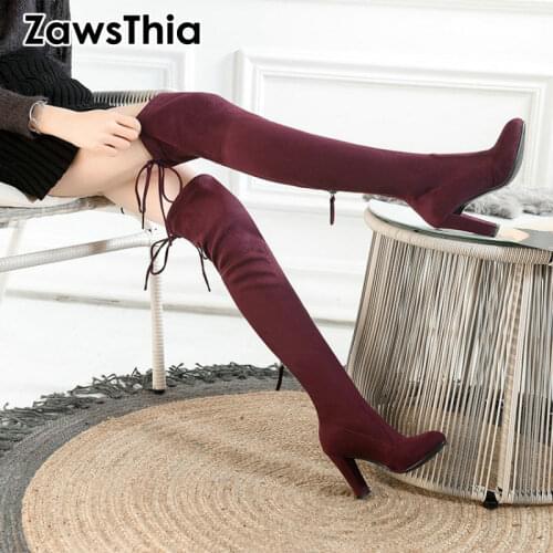 ZawsThia 2020 stretch fabric elastic sexy woman boots over the knee high heels boots ladies shoes overknee booties size 34-43