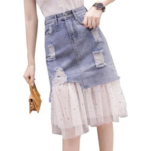 Women Denim Skirt Summer High Waist Splicing Lace Skirts Female Fashion Buttocks Net yarn Skirt Lady irregular Femme Skirt R1052