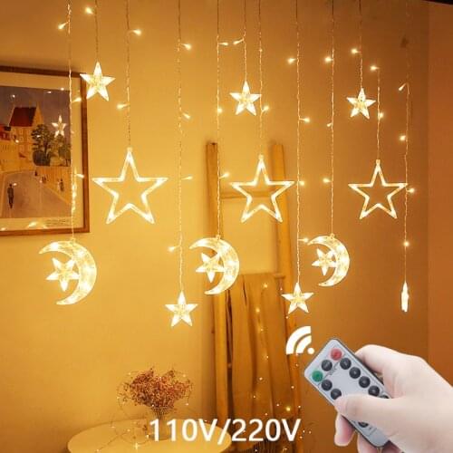 Christmas Garland Festoon 220V/110V LED Star Moon Fairy Curtain String Lights Outdoor For 2022 New Year Home Wedding Party Decor