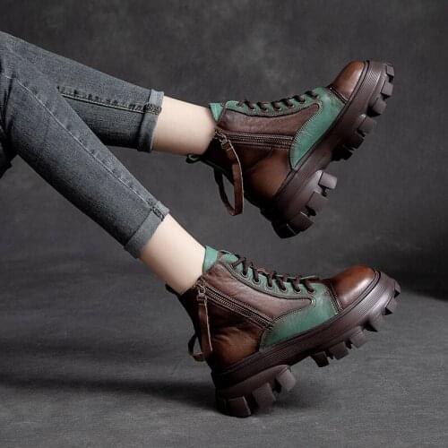 New Women Ankle Boots Genuine Leather Women Shoes Autumn Retro High Heels Riding Boots for Women Handmade Green Brand Shoes 2021