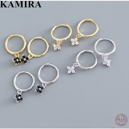 KAMIRA Real 925 Sterling Silver Gothic Black White Zircon Four Petal Flower Tassel Drop Earrings for Women Charms Luxury Jewelry